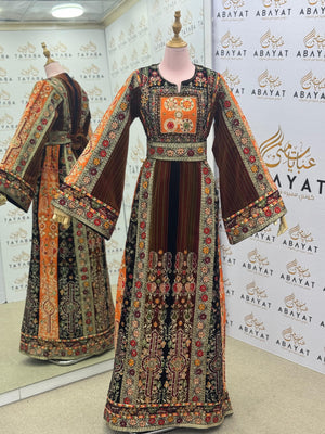 Premium Palestinian Velvet Thobe – Orange & Olive Tatreez Jana & Nar