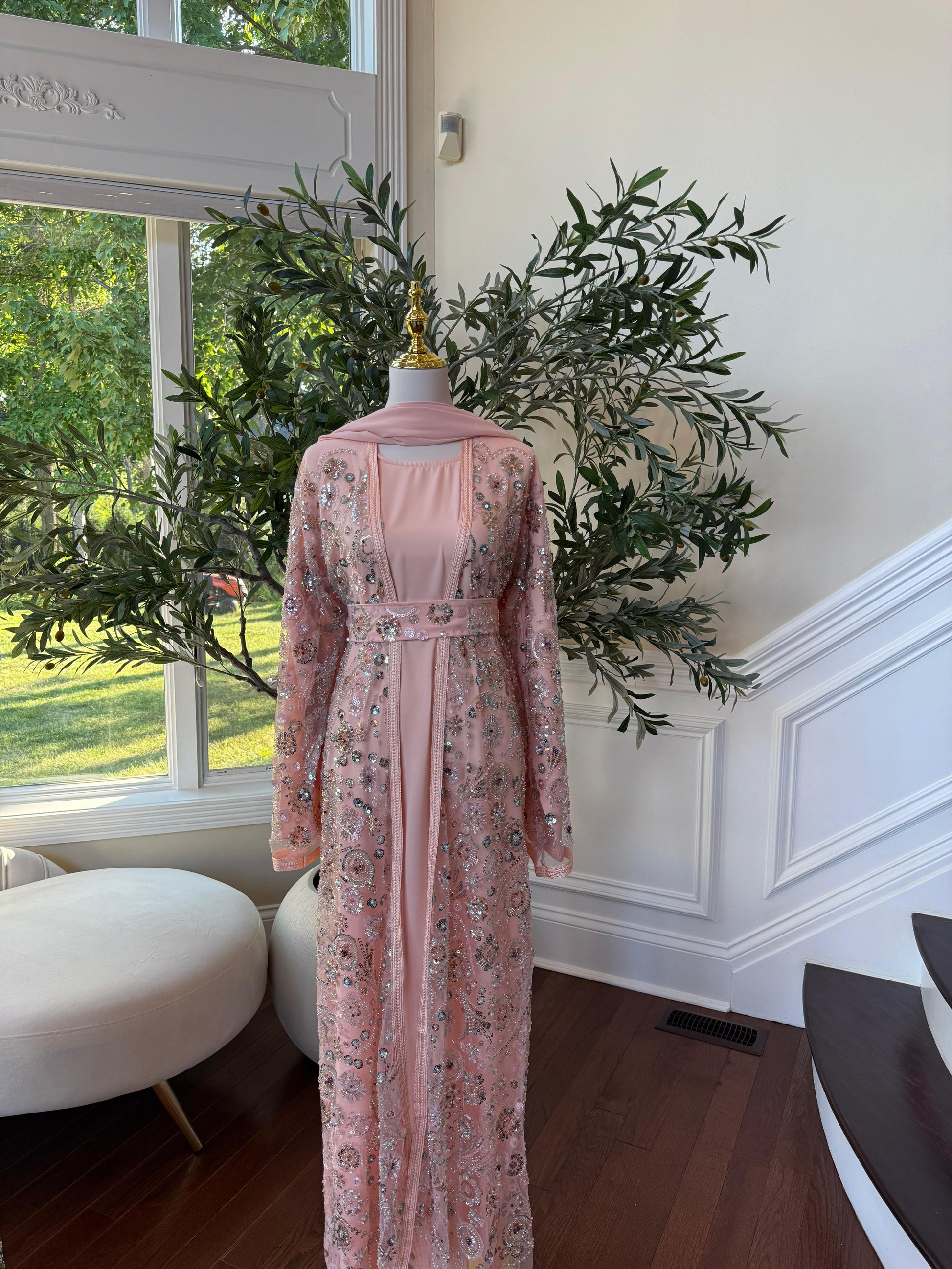 Peach Floral Sequin Detail Abaya