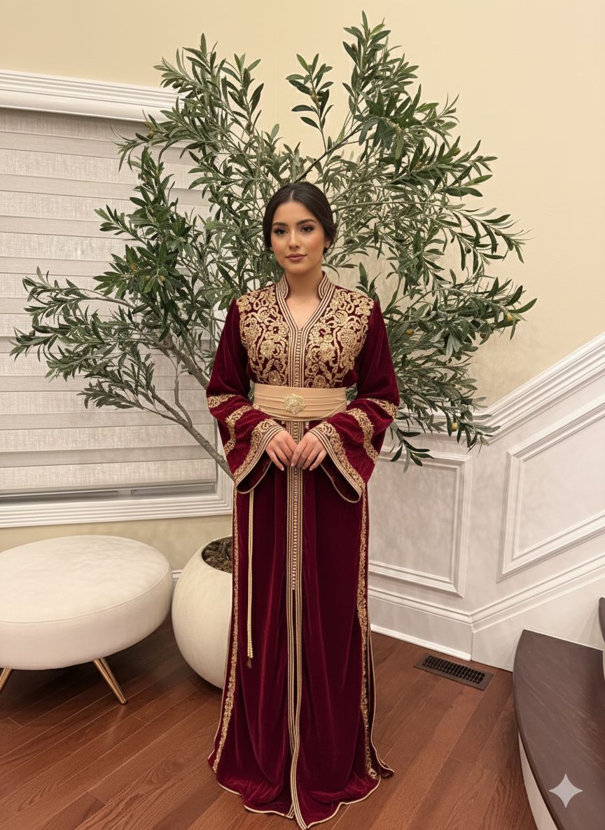 Red Majestic Velvet Kuftan with Golden Embellishment