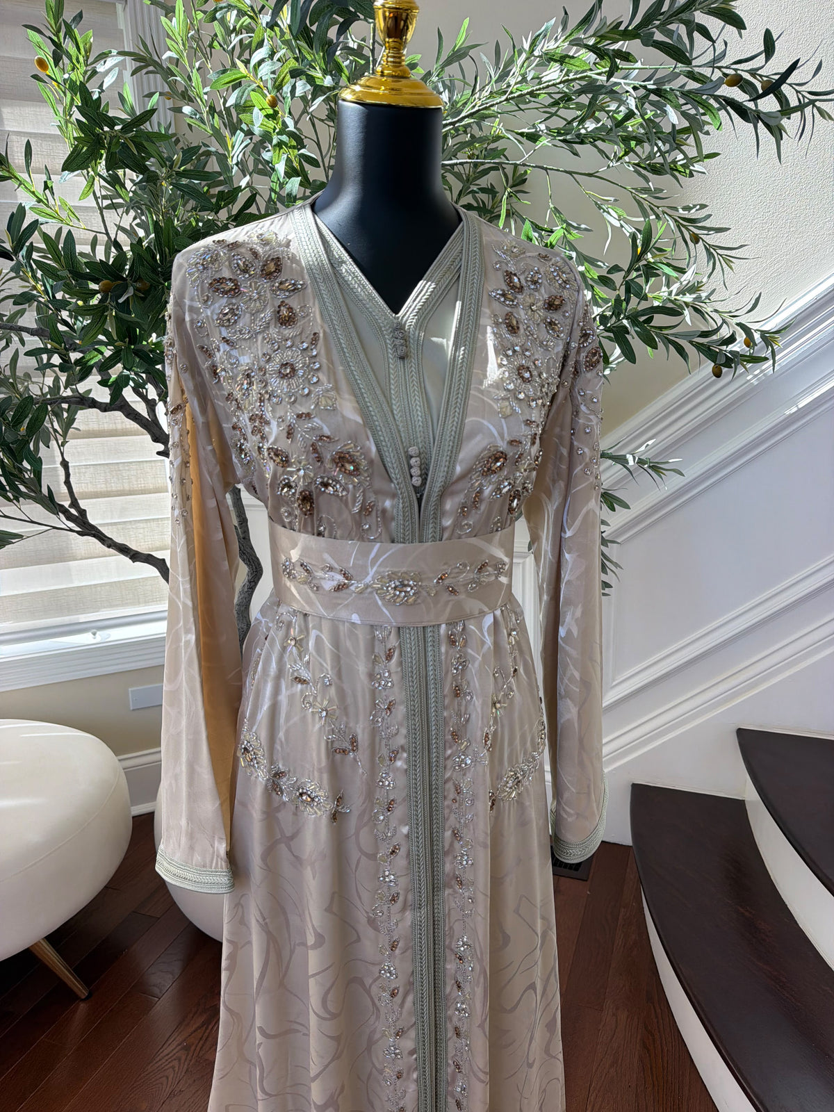 Elegant Champagne Beige Embroidered Moroccan Kaftan
