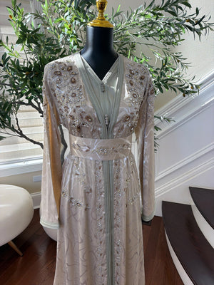 Elegant Champagne Beige Embroidered Moroccan Kaftan
