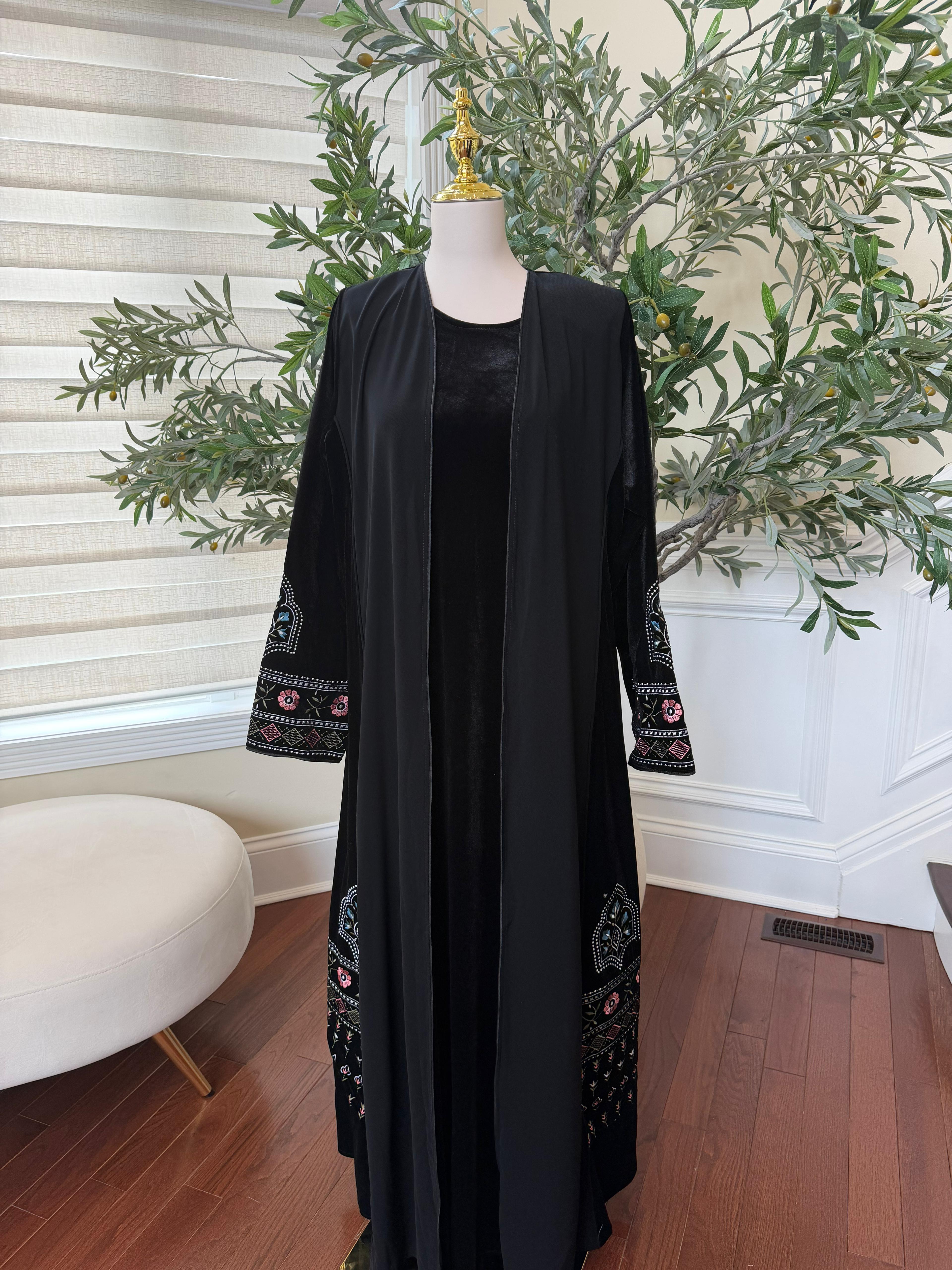 Black Velvet with Chiffon Embroidery Two Piece Abaya