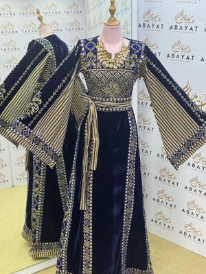 Premier Velvet Palestinian Thobe – Navy with Gold Detailing