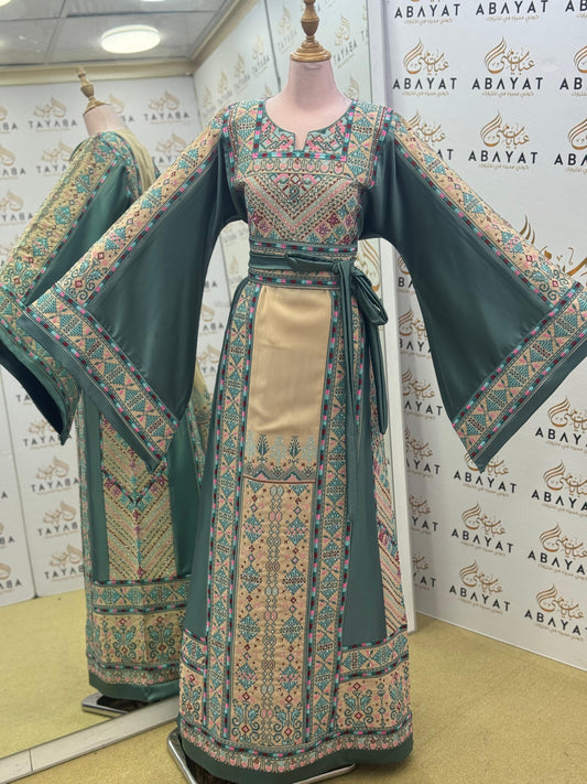 Palestinian Embroidered Thobe – Olive Green with Wide Sleeves