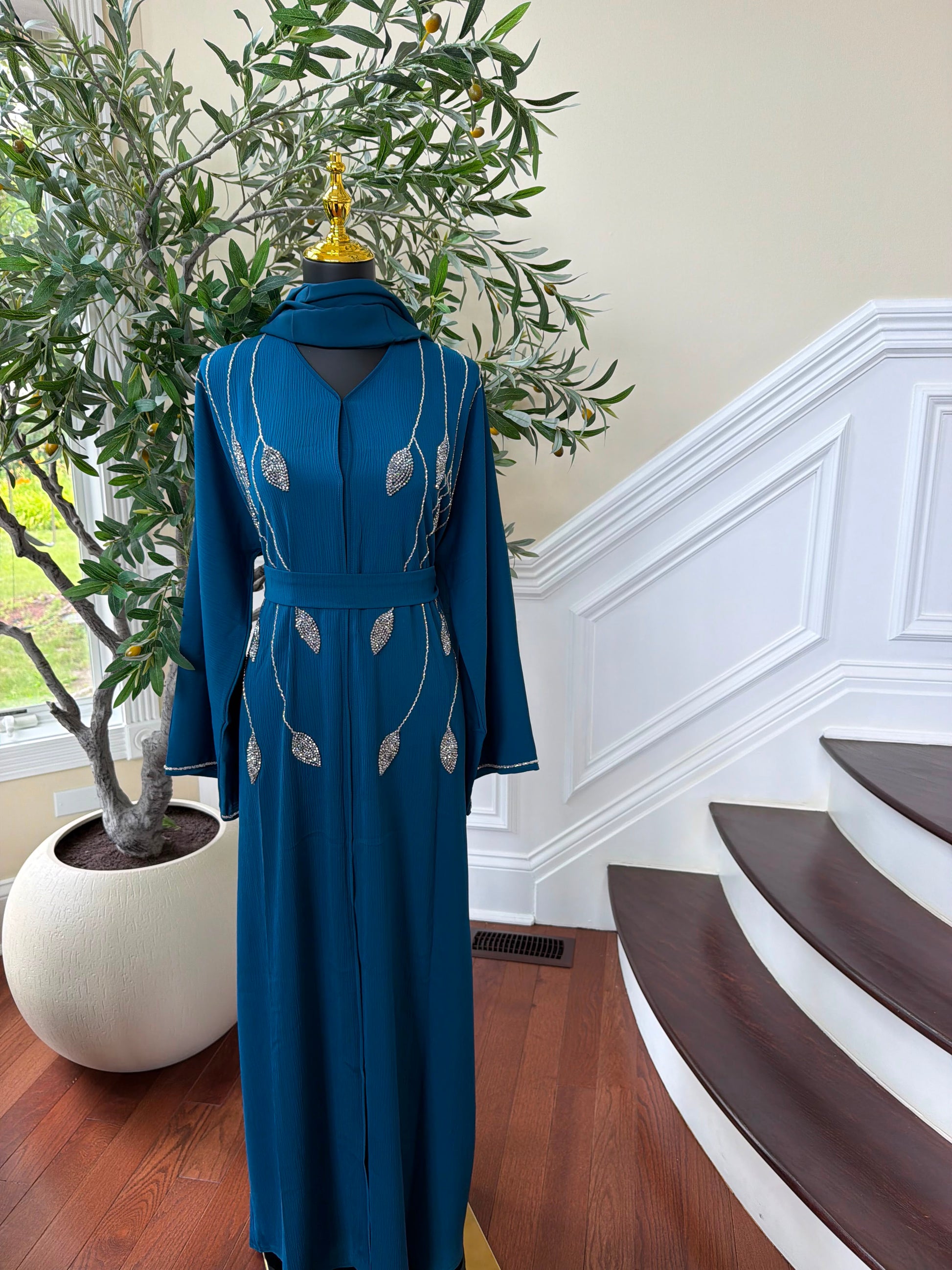 Sky Blue Floral Beaded Abaya