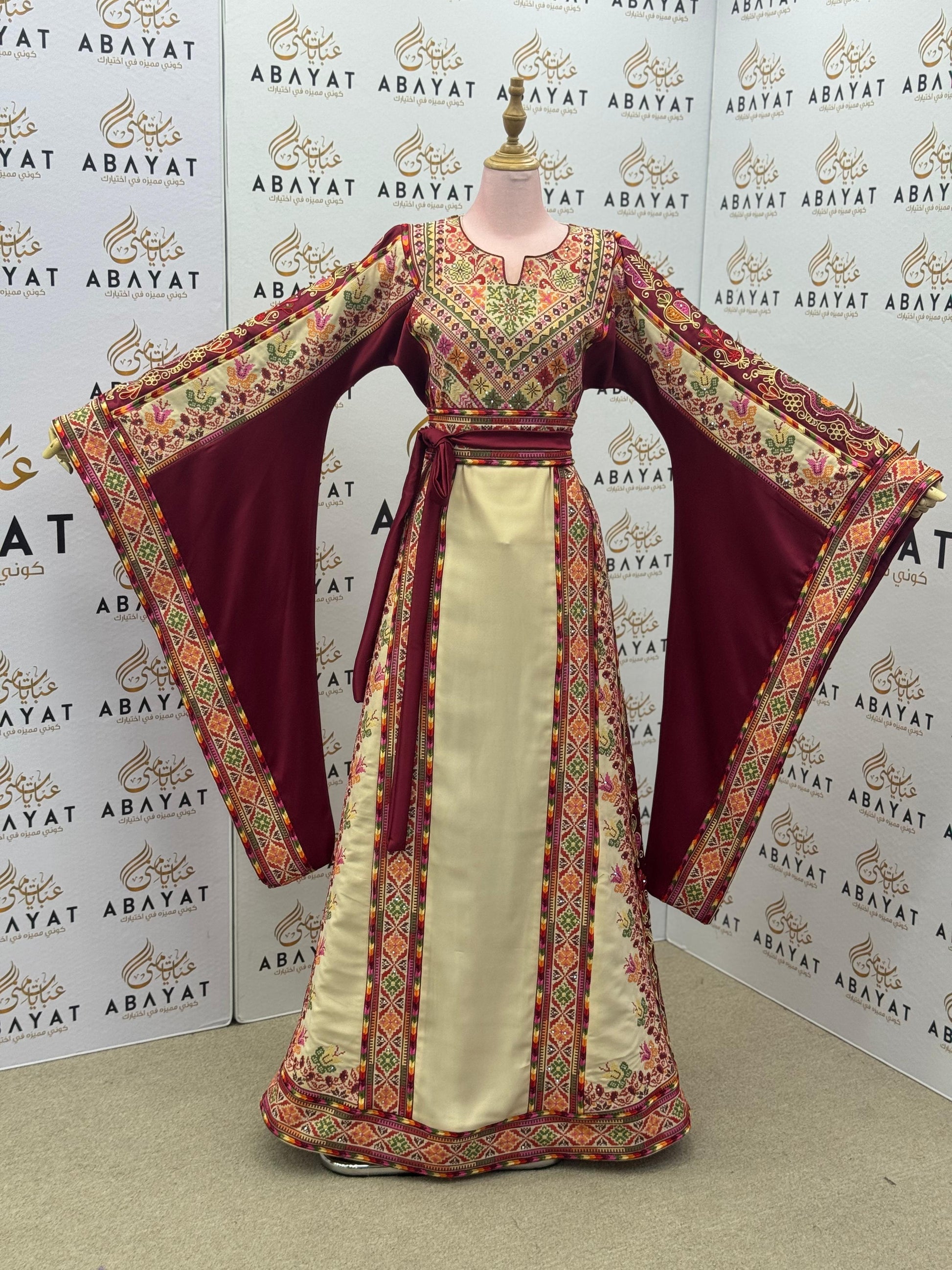 Maroon & Cream Palestinian Embroidered Thobe – Elegant Tatreez A09042025