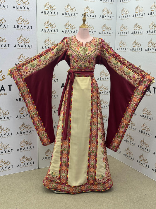 Maroon & Cream Palestinian Embroidered Thobe – Elegant Tatreez A09042025
