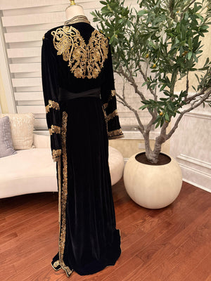 Midnight Black Royale Velvet Kuftan with Golden Embellished Detail