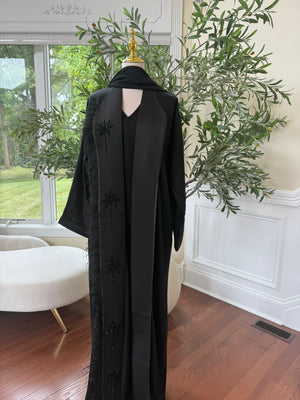 Black Serenity Abaya – Feather Accent with Beaded Floral