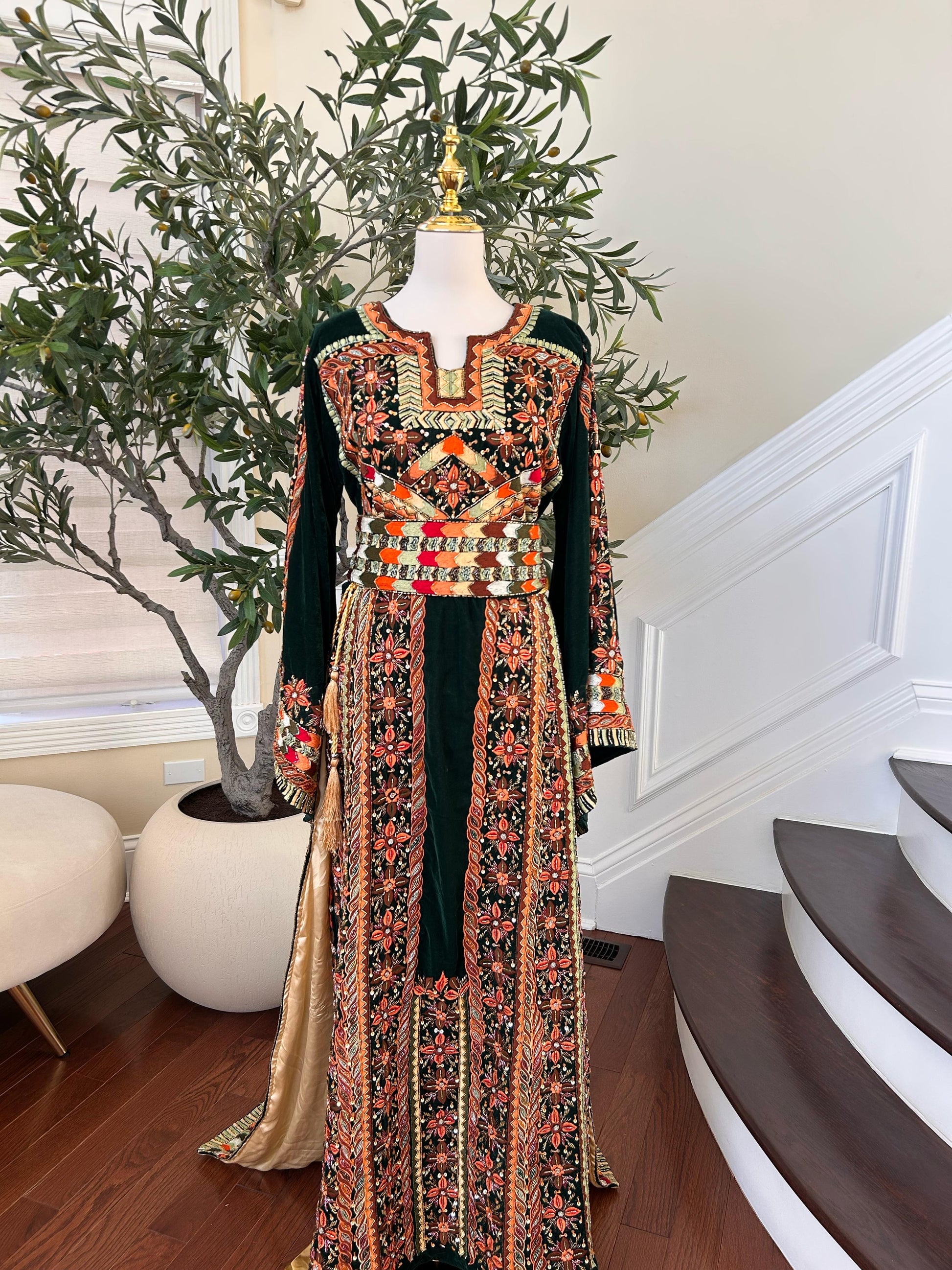 Green Velvet Handmade Embellished Beaded Thobe with Detachable Skirt