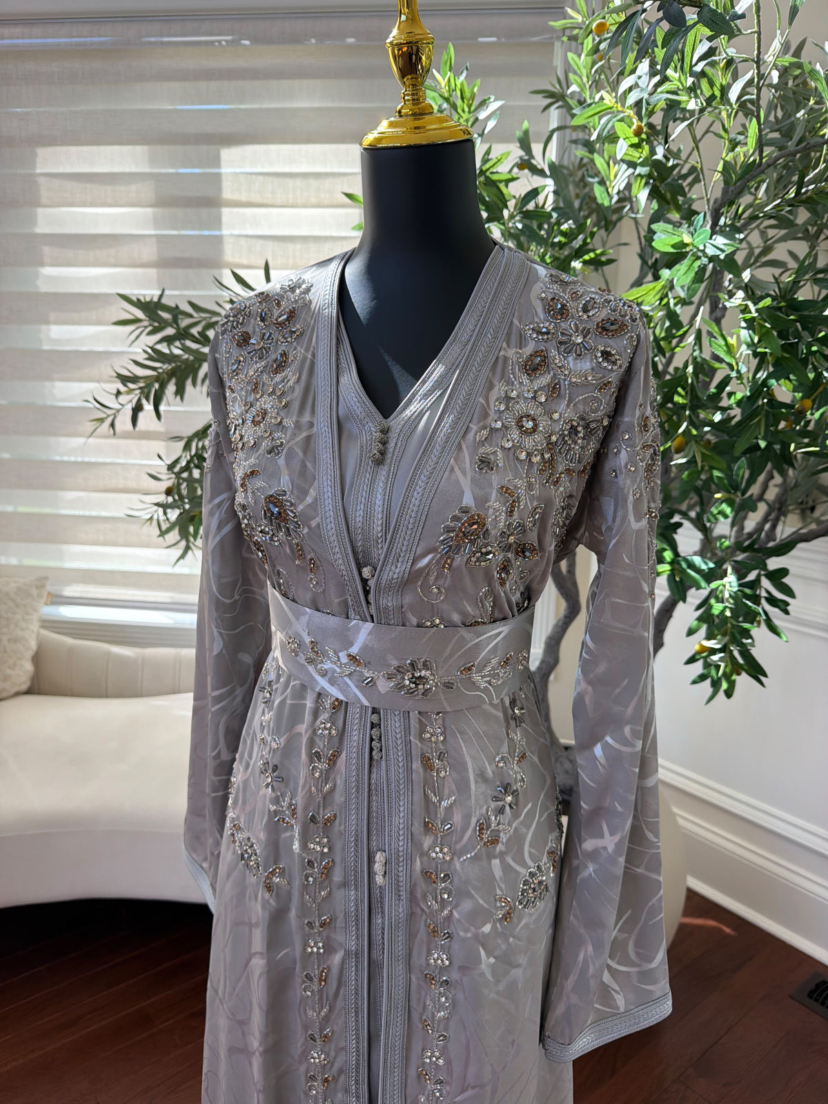 Elegant Silver Gray Embroidered Moroccan Kaftan