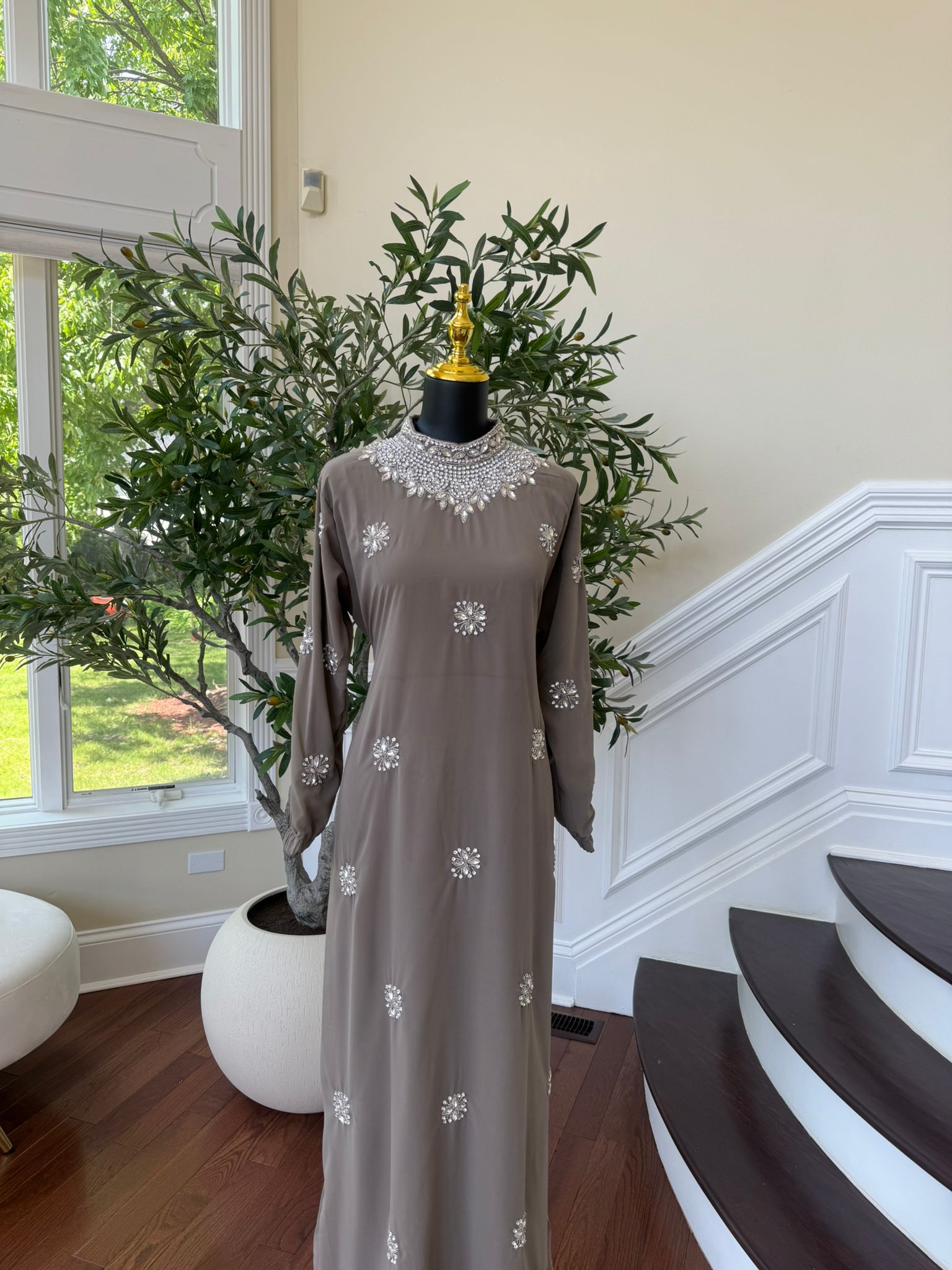 Taupe Shine Stonework Maxi Dres
