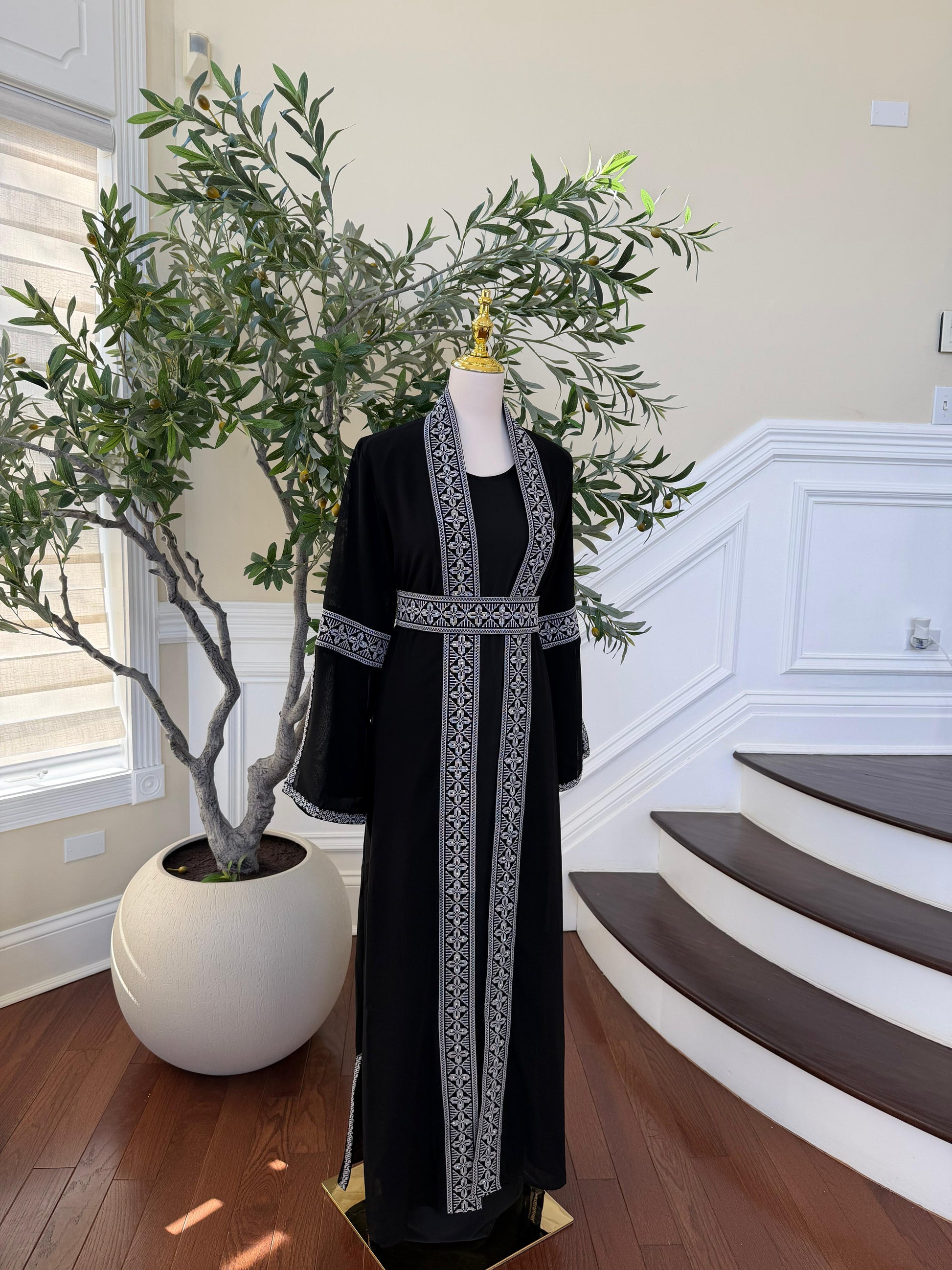 Black Two Piece Silver Embroidered Thobe