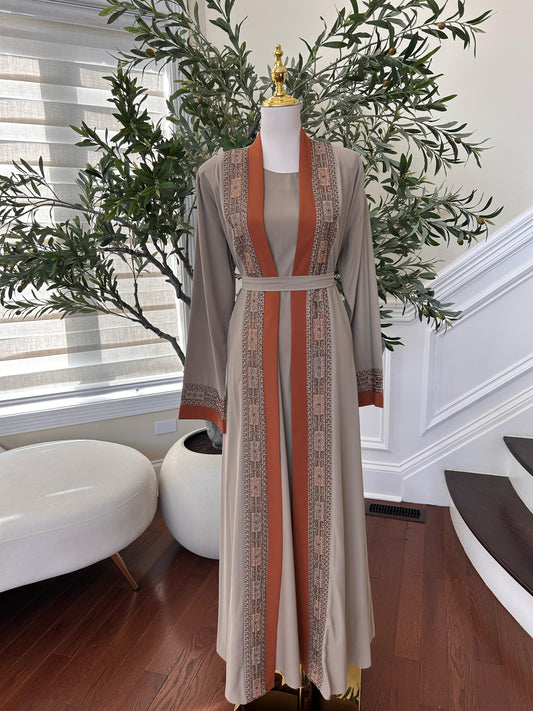 Tan Two Piece Tatreez Beaded Abaya