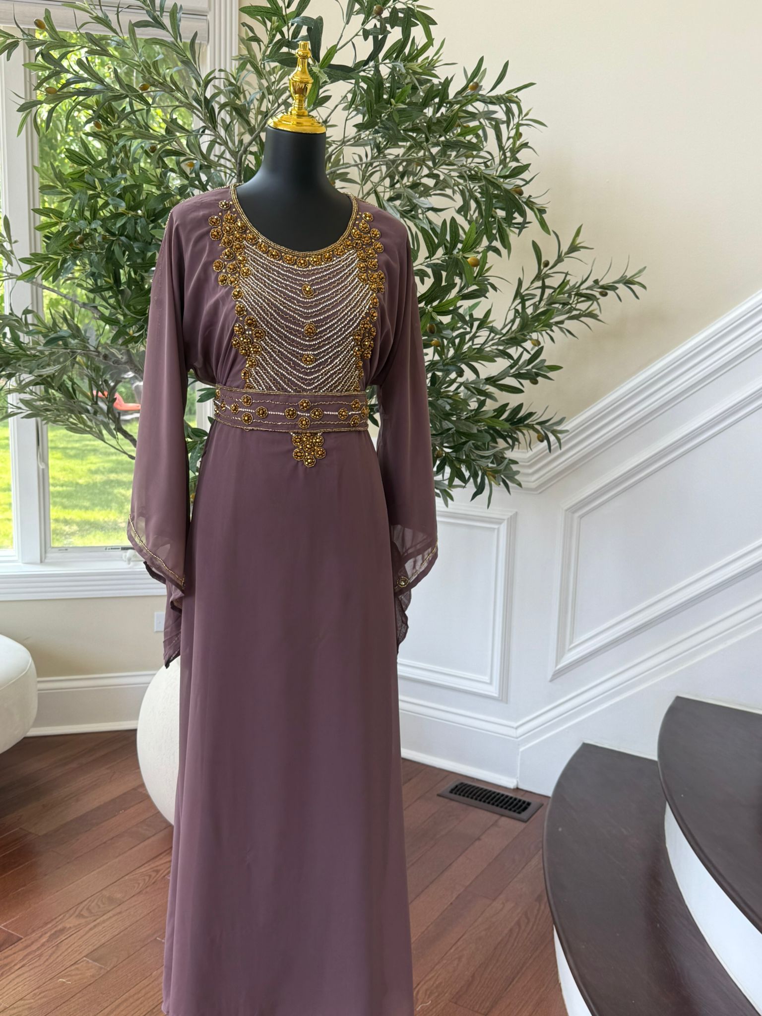 Elegant Mauve Beaded Kuftan Maxi Dress