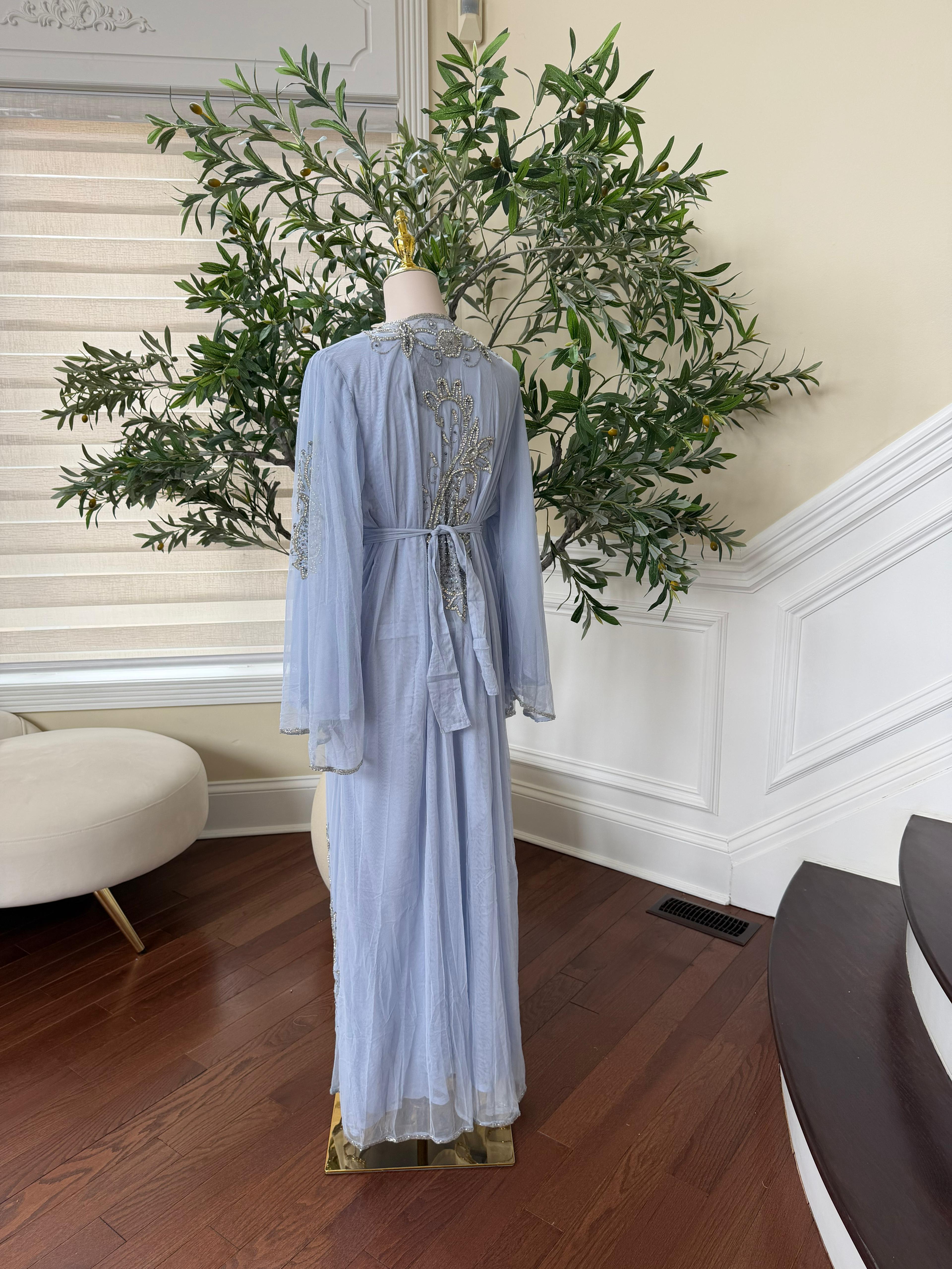 Baby Blue Silver Stone Beaded Abaya
