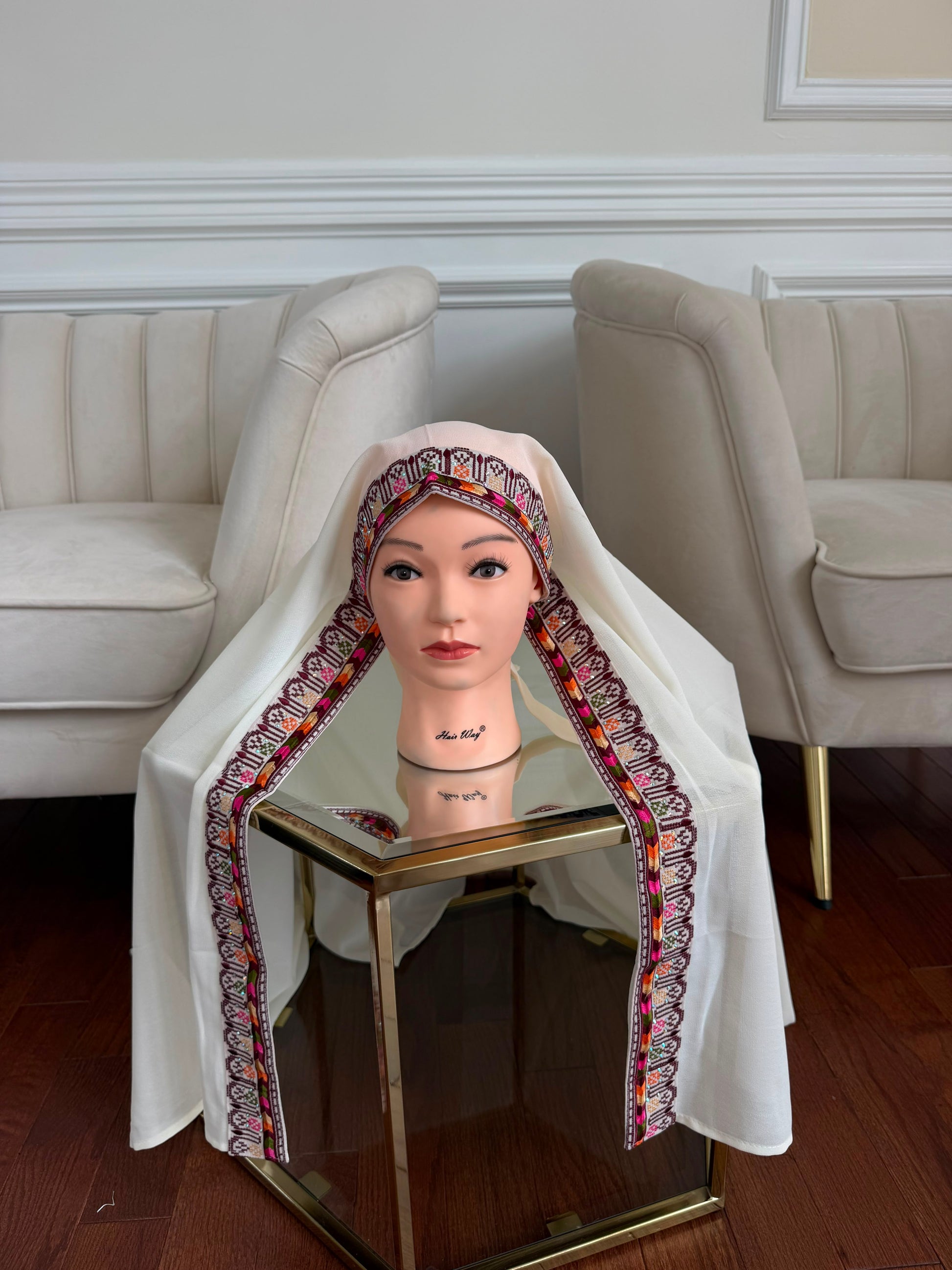 White Embroidery Tatreez Khirka Shal