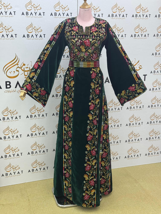 Luxury Emerald Green Velvet Thobe – Floral Embroidery