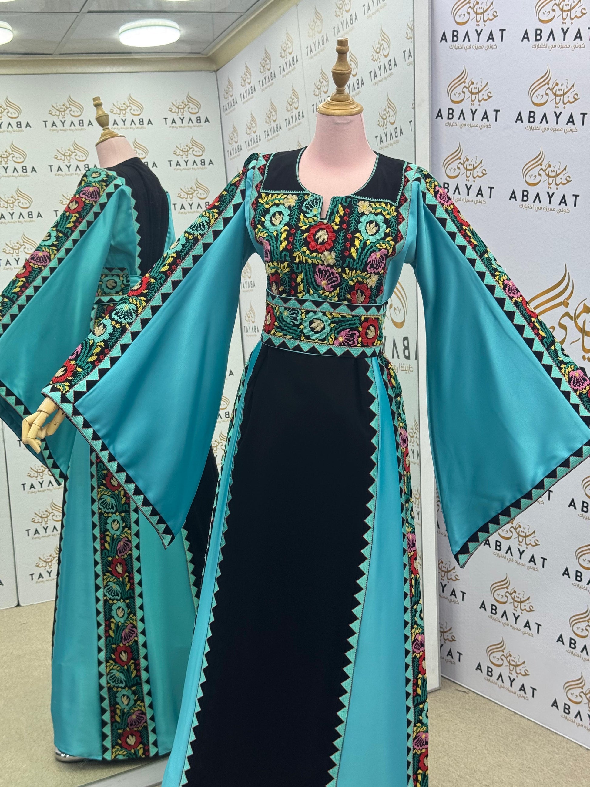Turquoise & Black Palestinian Embroidery Thobe – Vibrant Heritage Elegance A09102025
