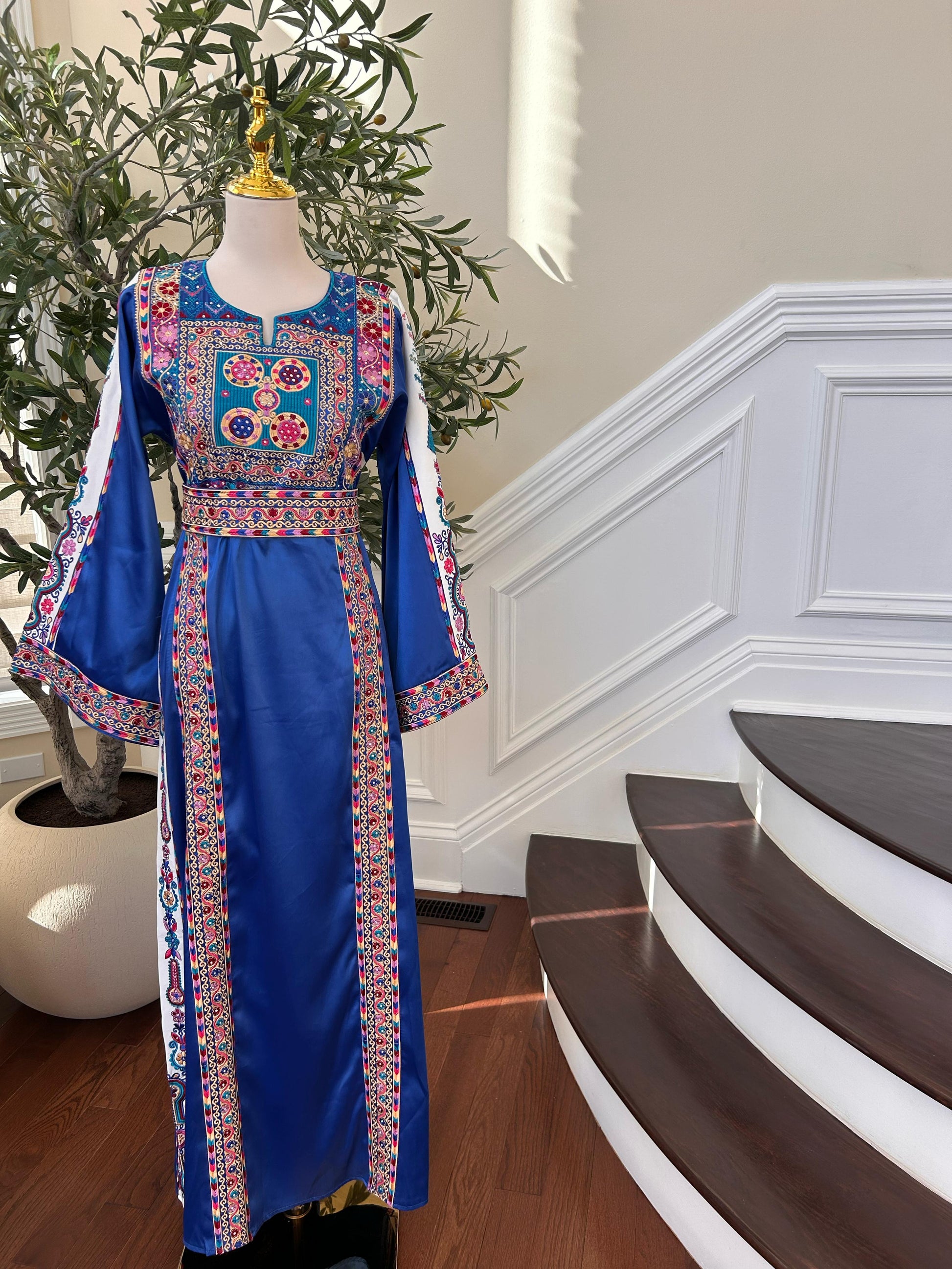 Blue Satin Embroidery Tatreez Thobe