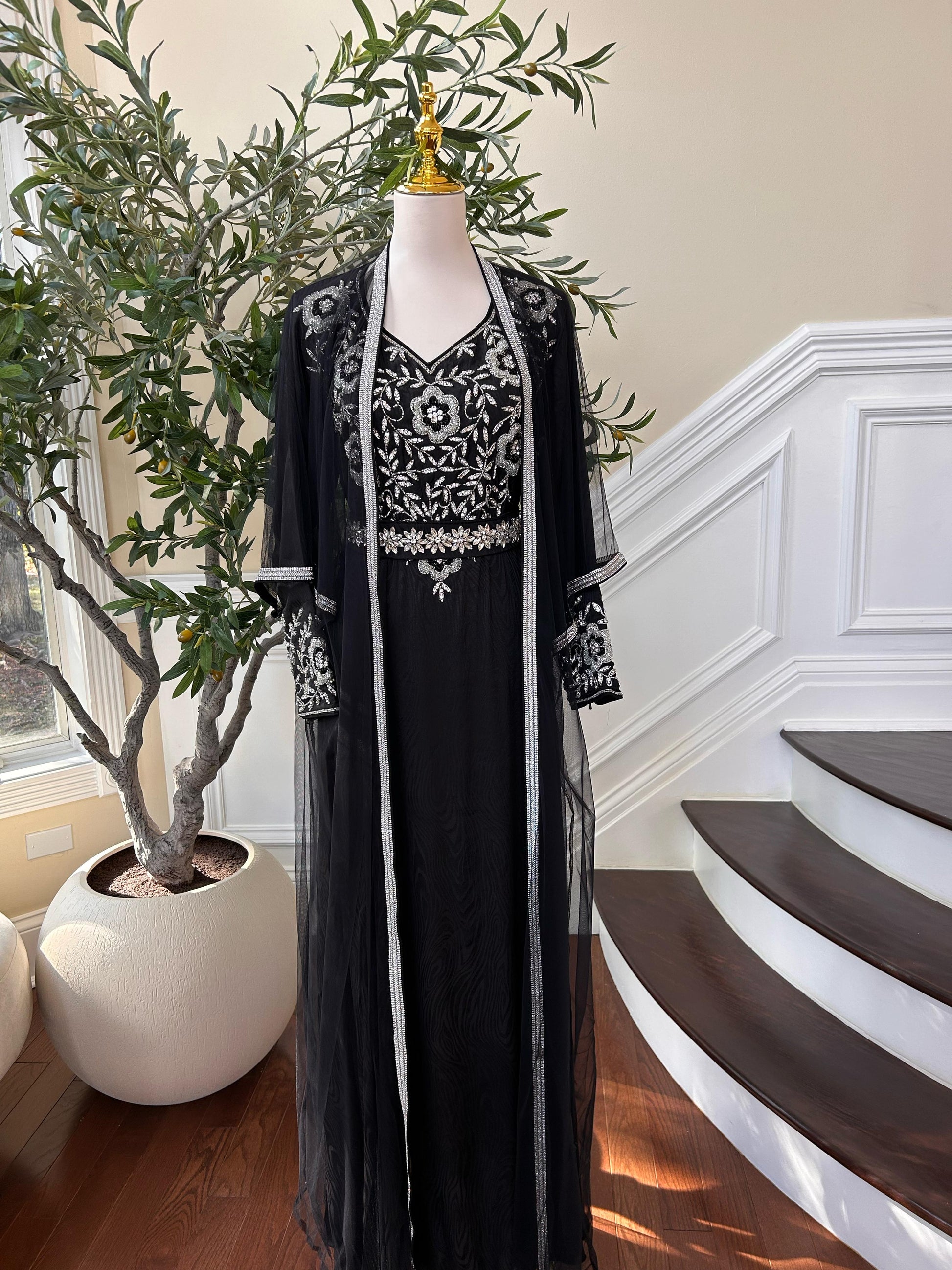 Black Silver Stone Beaded Kuftan