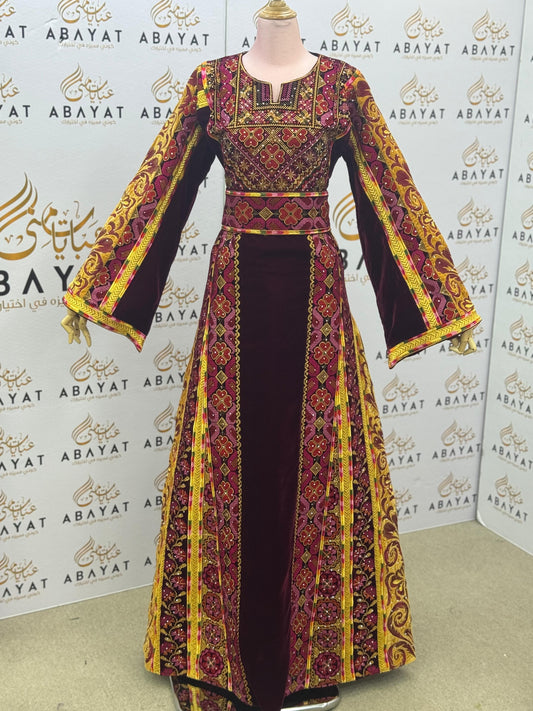 Royal Burgundy Velvet Palestinian Thobe – Golden Embroidery