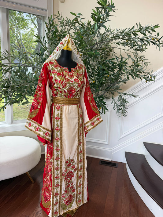 Elegant Cream and Red Thobe with Gold Floral Embroidery(scarf not included)