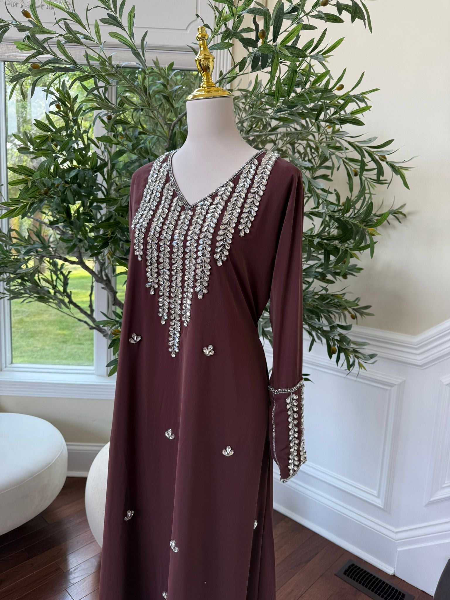Burgundy Glow – Kaftan with Cascading Crystal Neckline