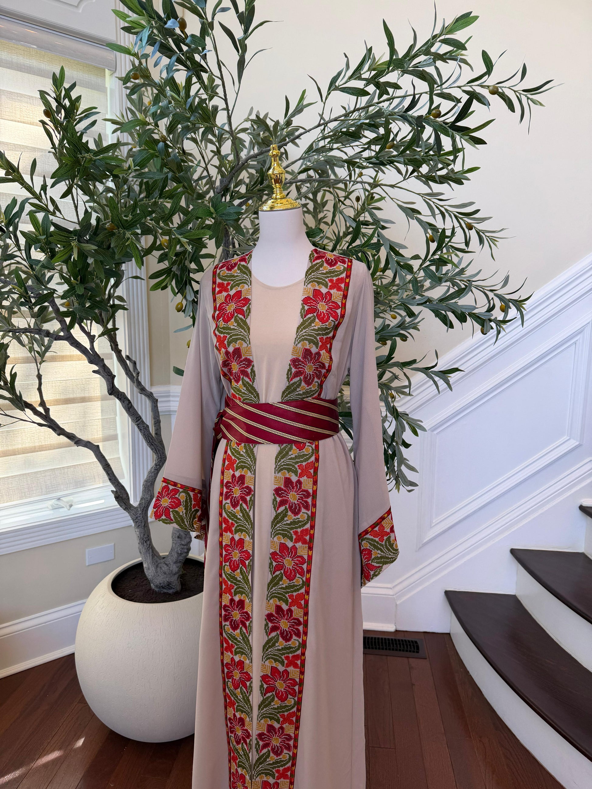 Tan Floral Embroidery Tatreez Thobe