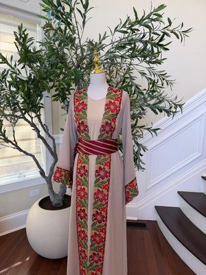 Tan Floral Embroidery Tatreez Thobe
