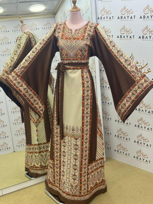 Luxury Palestinian Embroidered Thobe – Brown Traditional Design
