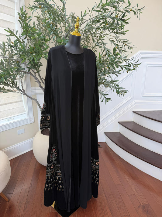 Black Velvet with Chiffon Embroidery Elegance Abaya