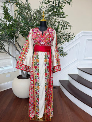 White Floral Embroidery Tatreez Thobe