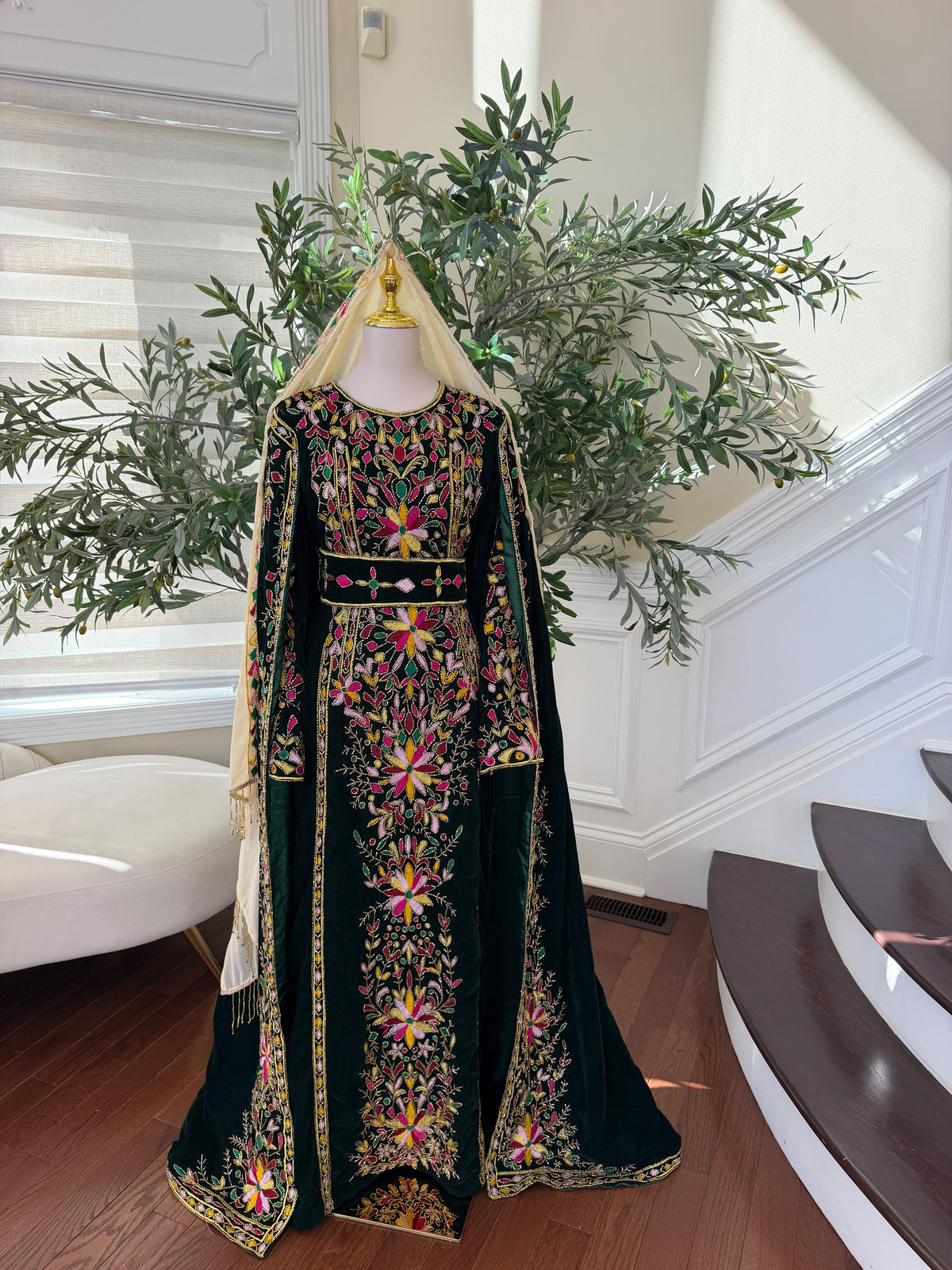 Elegant Black Palestinian Thobe with Colorful Floral Embroidery and Detachable Shoulder Cape (scarf not included)