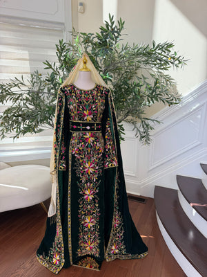 Elegant Black Palestinian Thobe with Colorful Floral Embroidery and Detachable Shoulder Cape (scarf not included)