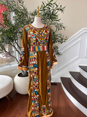 Golden Mustard Velvet Beaded Stone Thobe