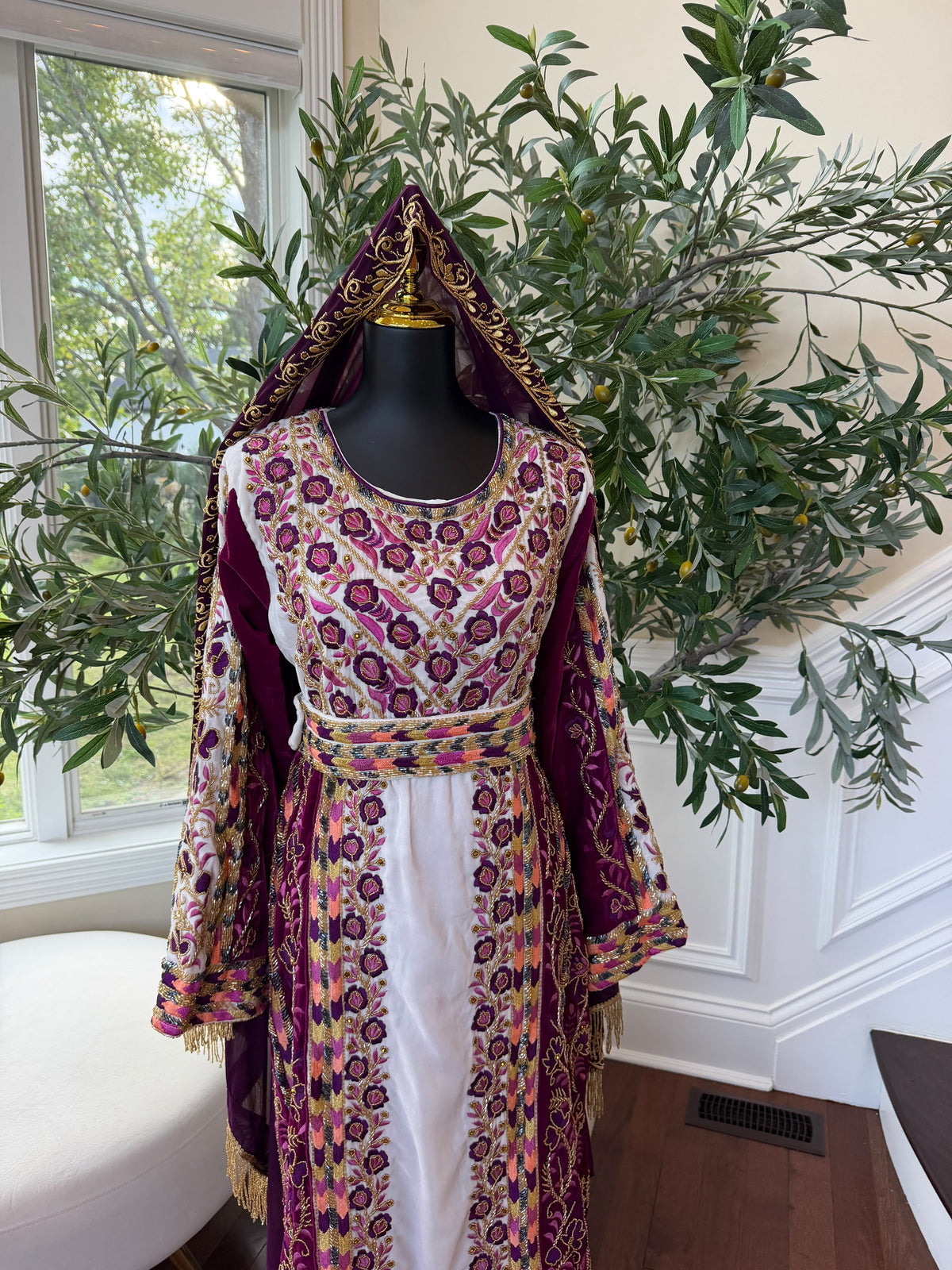 Elegant Purple and Cream Thobe with Intricate Floral Embroidery and Gold Accents (scarf not included)