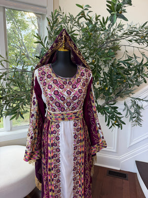 Elegant Purple and Cream Thobe with Intricate Floral Embroidery and Gold Accents (scarf not included)
