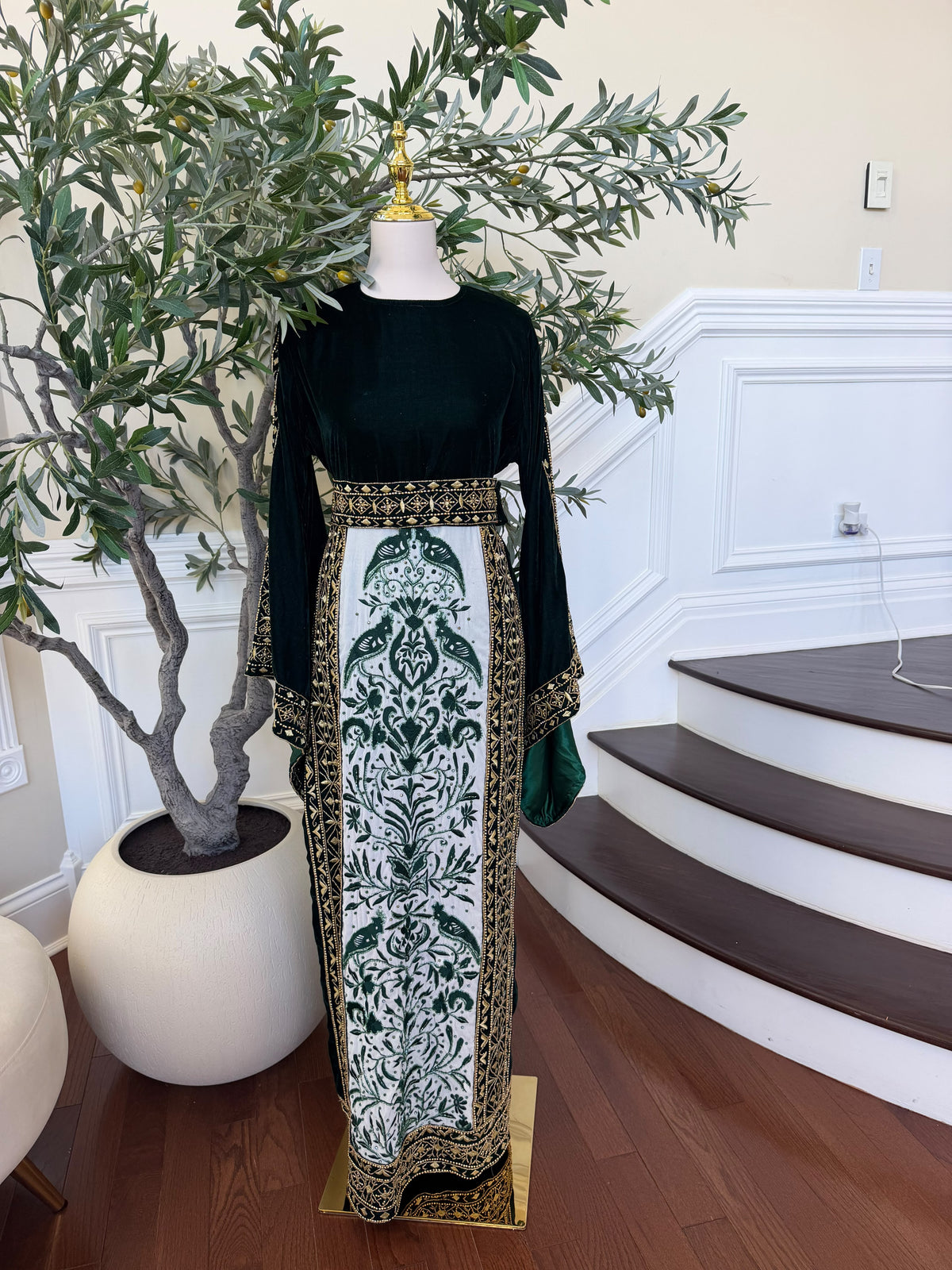 Elegant Black Velvet Thobe with Emerald Green Embroidery and Gold Detailing