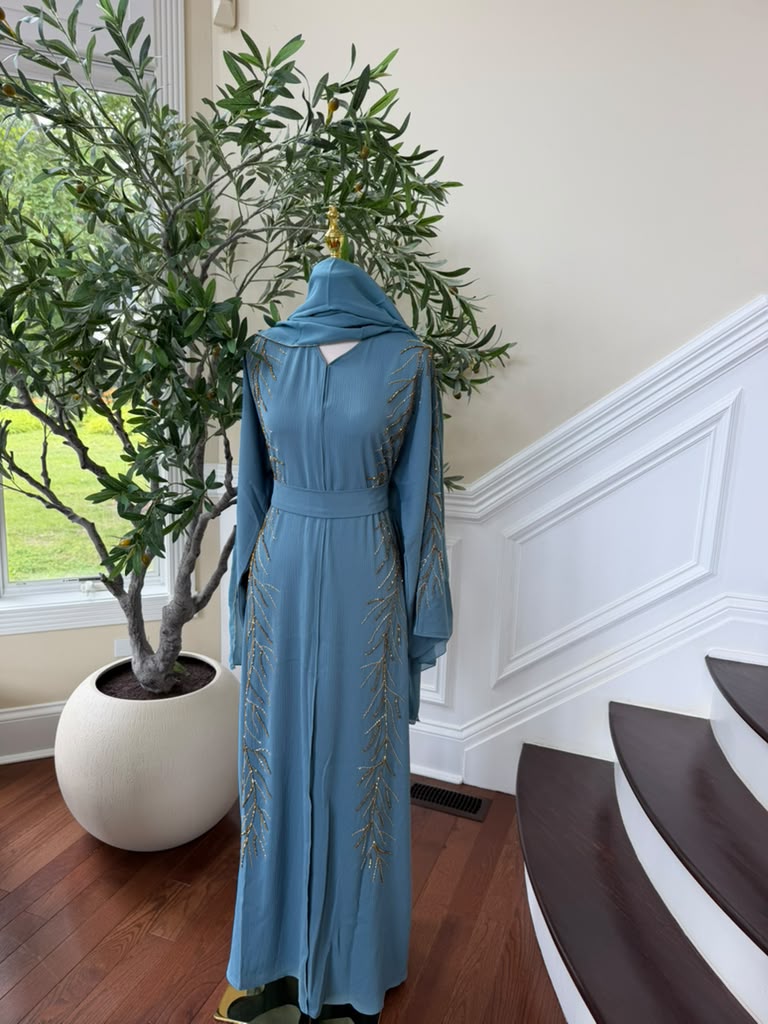 Golden Blue Design Charm Abaya
