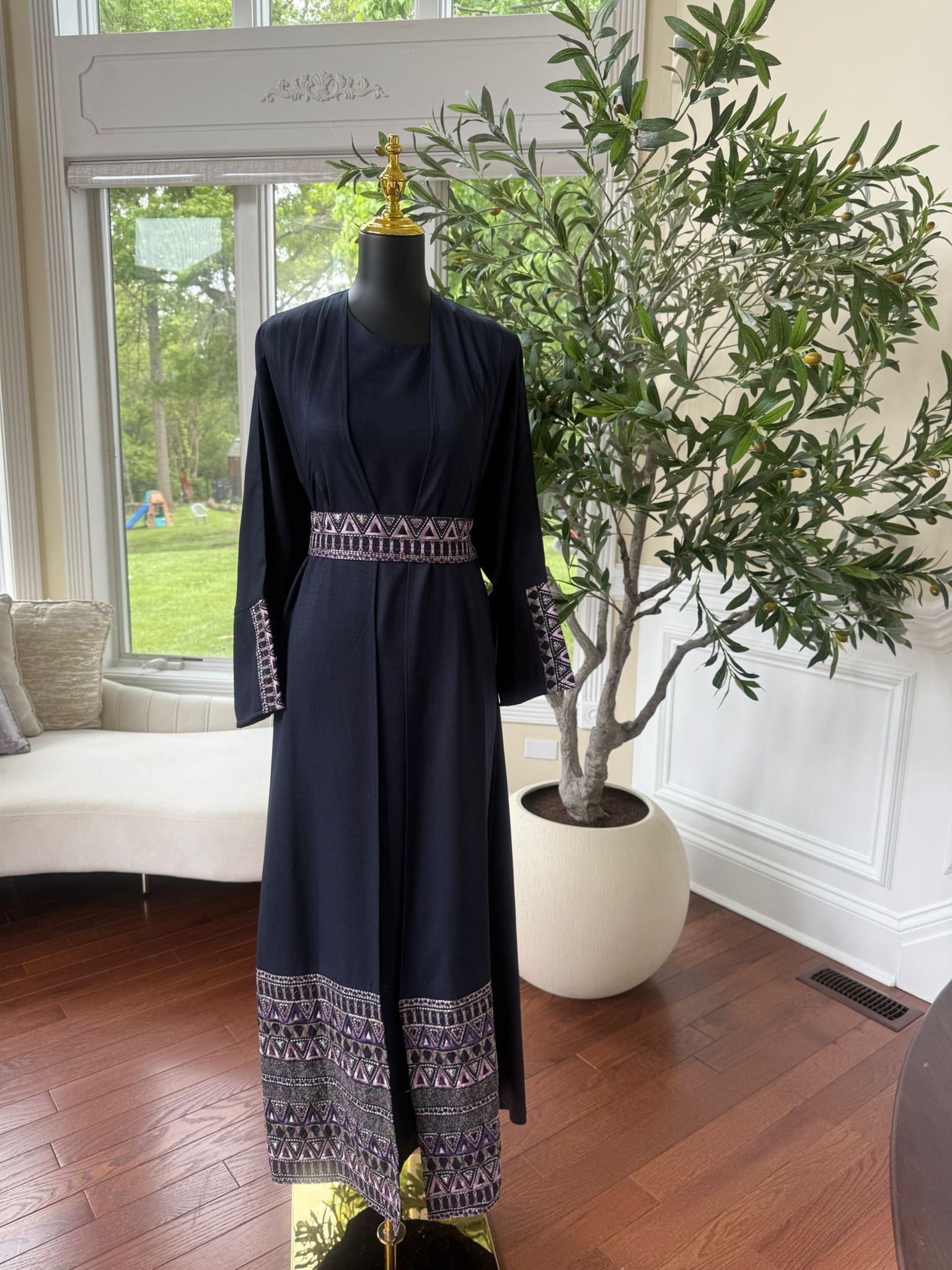 Navy Blue Tatreez Cardigan Abaya