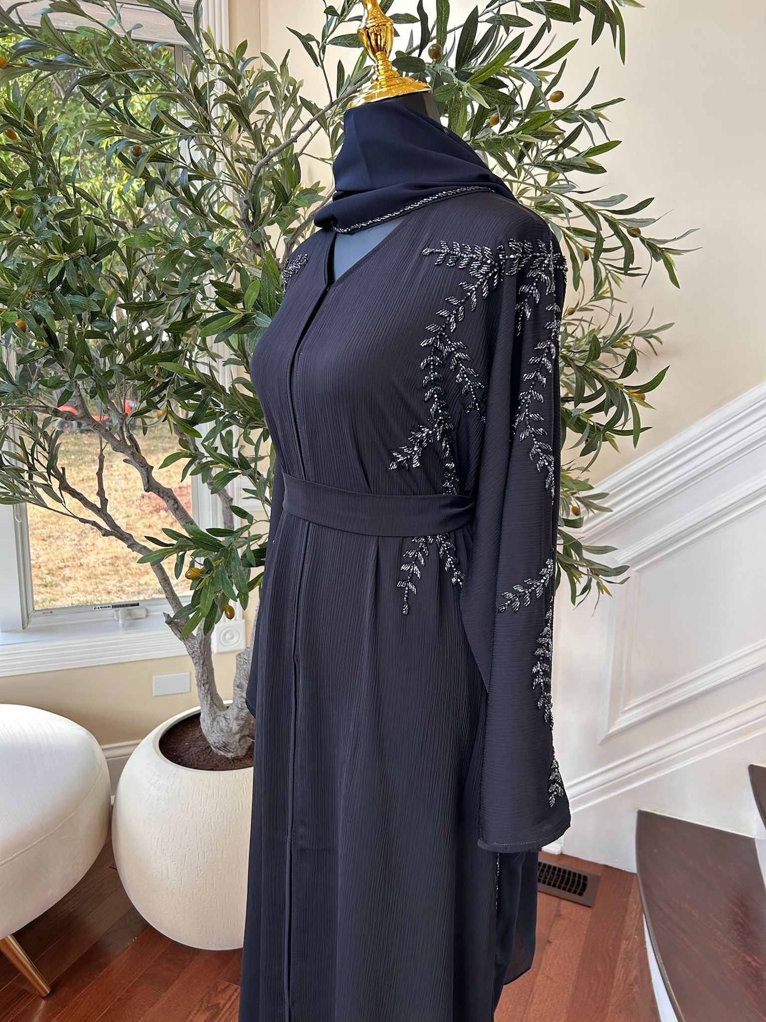 Navy Blue Rose Floral Abaya