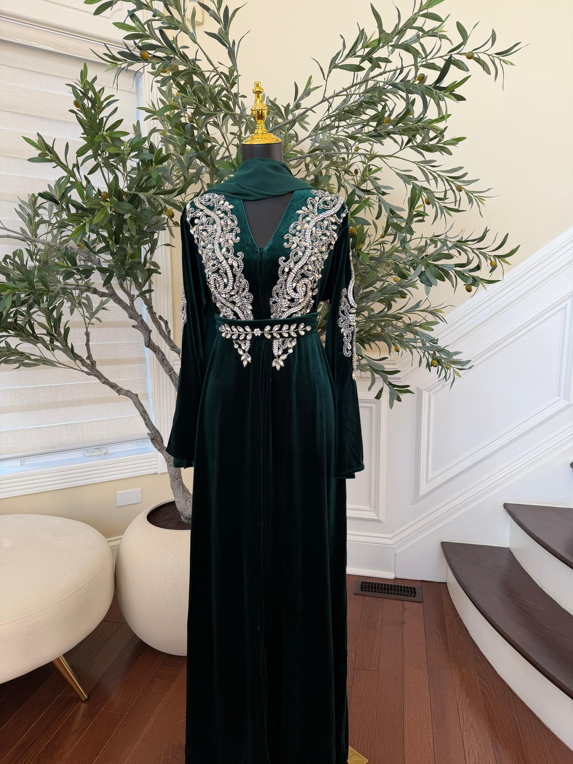 Green Velvet Stone Charm Abaya