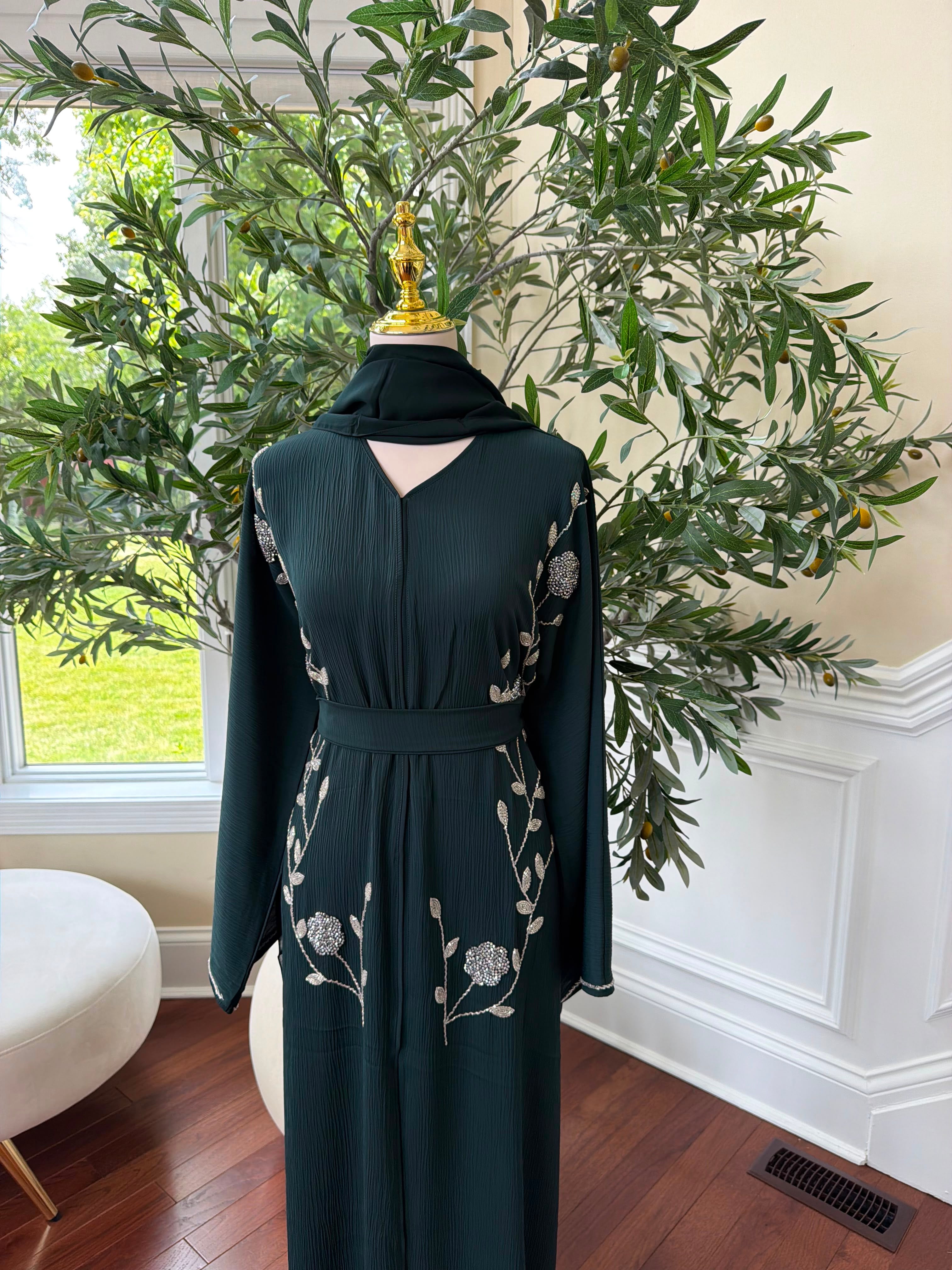 Emerald Green Rose Beaded Abaya