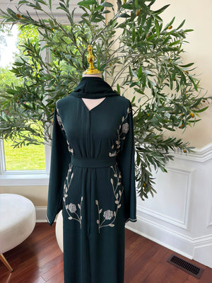 Emerald Green Rose Beaded Abaya