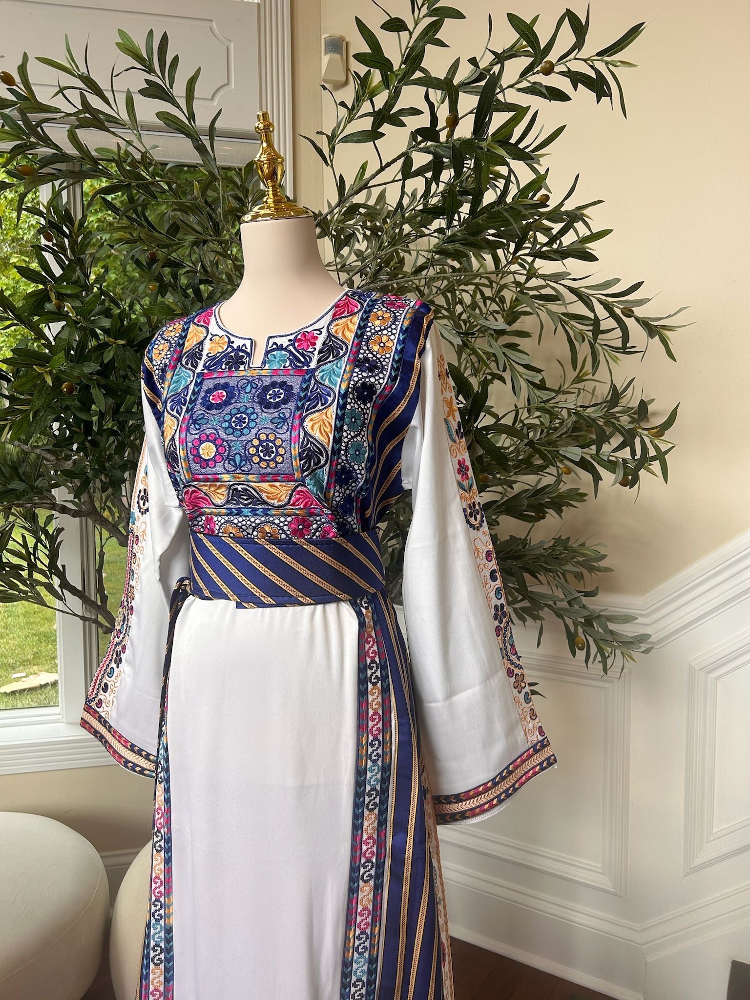 White Embroidery Blue Tatreez Detail Thobe