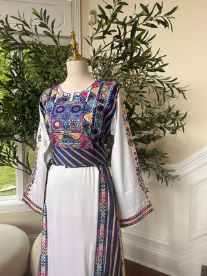 White Embroidery Blue Tatreez Detail Thobe