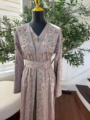 Elegant Mauve Embroidered Kaftan with Silver Beadwork