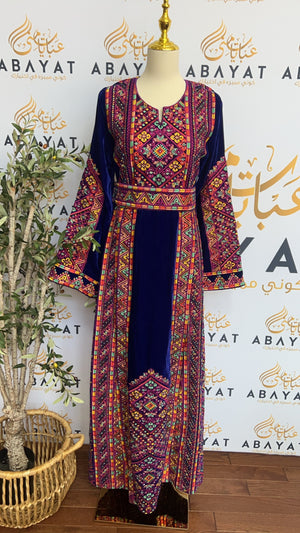 Refashioned Thoub with Exquisite Stone Embroidery on Luxurious Blue Velvet