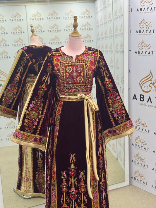 Velvet Burgundy Palestinian Thobe with Multicolor Embroidery and Golden Belt